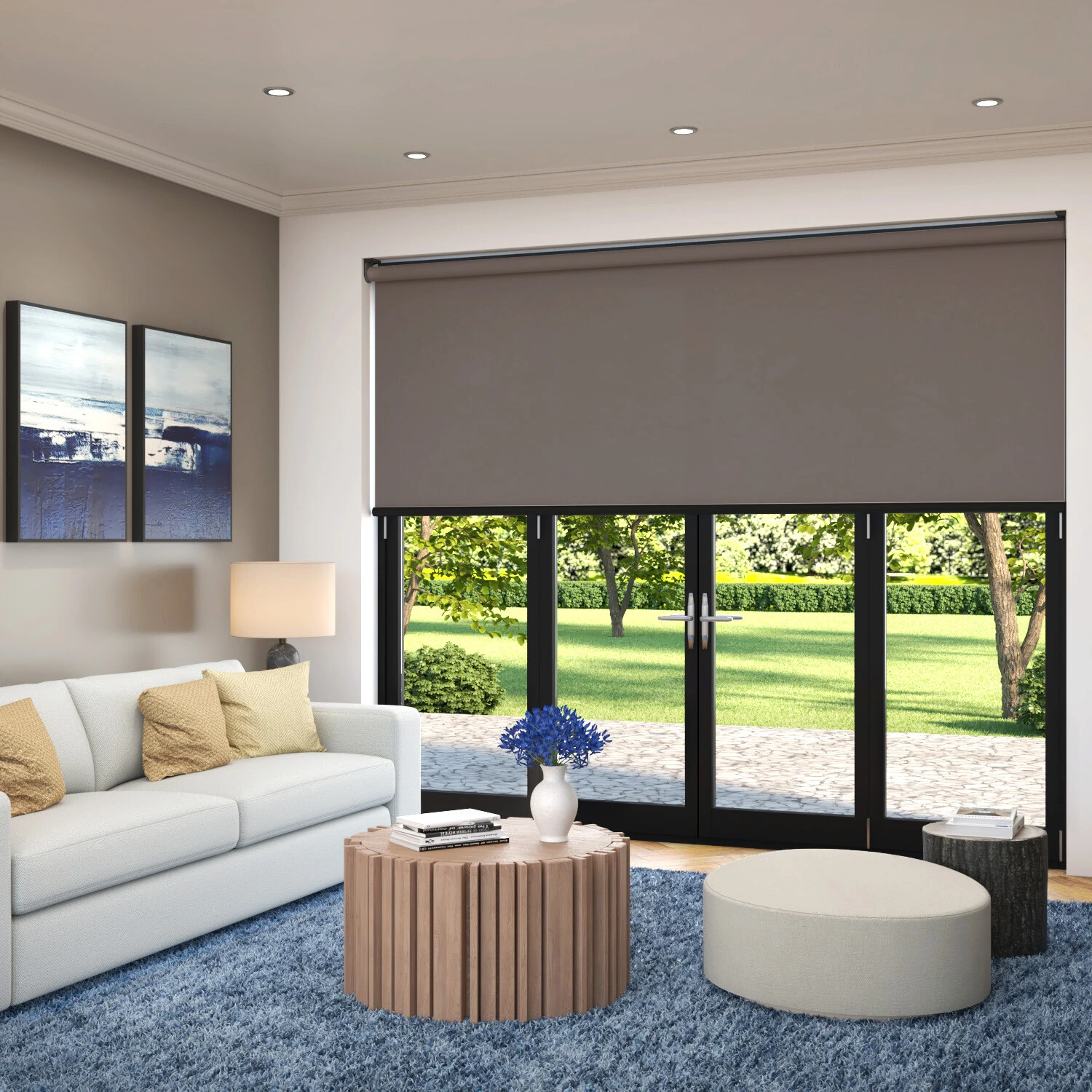 Electric roller blinds in a living room with the motor hidden inside the tube
