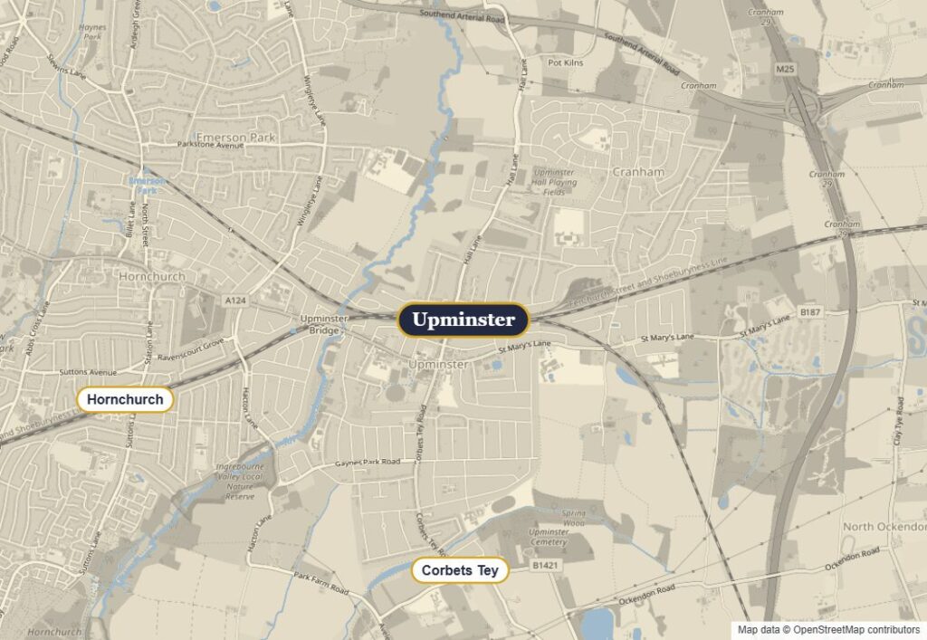 Map of Upminster and nearby areas where HomeDecisions fits blinds and curtains